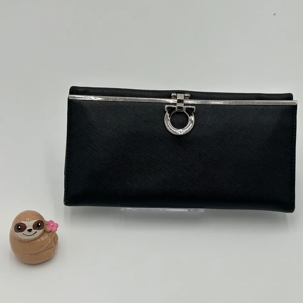 Black Women's Saffiano Leather Clutch Wallet with Silver Tone Hardware